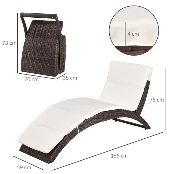 Outsunny Garden Patio Rattan Wicker Folding Sun Lounger Recliner Bed Chair with Cushion for Outdoor, Mixed Brown, White