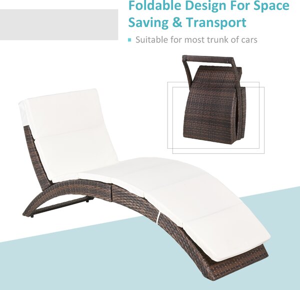 Outsunny Garden Patio Rattan Wicker Folding Sun Lounger Recliner Bed Chair with Cushion for Outdoor, Mixed Brown, White