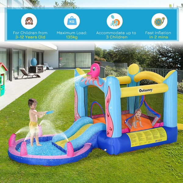 Outsunny Kids Bounce Castle House Inflatable Trampoline Slide Water Pool 3 in 1 with Inflator for Kids Age 3-12 Octopus Design 3.8 x 2 x 1.8m