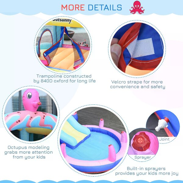 Outsunny Kids Bounce Castle House Inflatable Trampoline Slide Water Pool 3 in 1 with Inflator for Kids Age 3-12 Octopus Design 3.8 x 2 x 1.8m