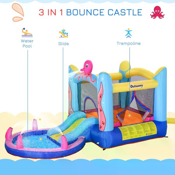 Outsunny Kids Bounce Castle House Inflatable Trampoline Slide Water Pool 3 in 1 with Inflator for Kids Age 3-12 Octopus Design 3.8 x 2 x 1.8m