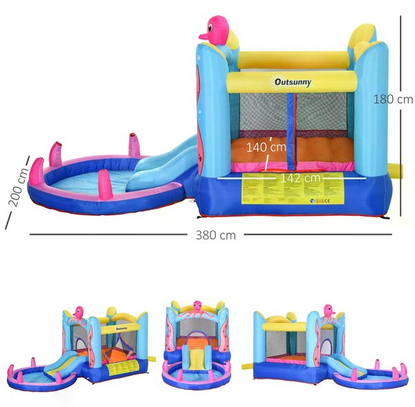 Outsunny Kids Bounce Castle House Inflatable Trampoline Slide Water Pool 3 in 1 with Inflator for Kids Age 3-12 Octopus Design 3.8 x 2 x 1.8m