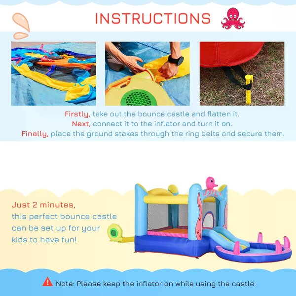 Outsunny Kids Bounce Castle House Inflatable Trampoline Slide Water Pool 3 in 1 with Inflator for Kids Age 3-12 Octopus Design 3.8 x 2 x 1.8m