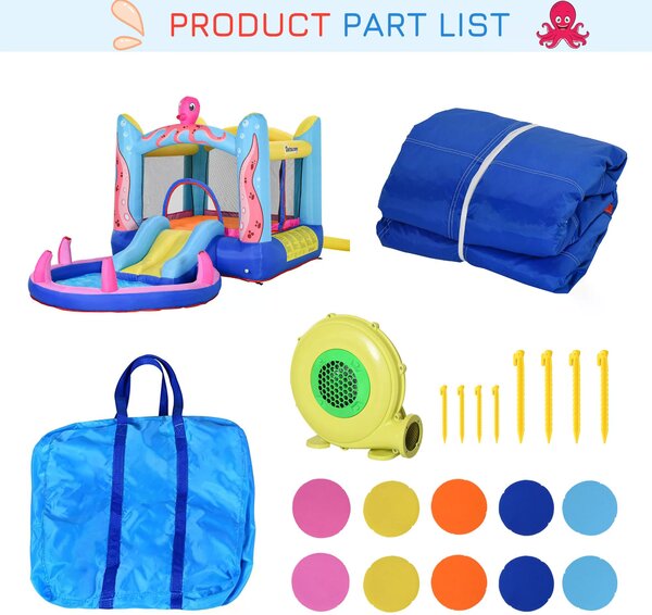 Outsunny Kids Bounce Castle House Inflatable Trampoline Slide Water Pool 3 in 1 with Inflator for Kids Age 3-12 Octopus Design 3.8 x 2 x 1.8m