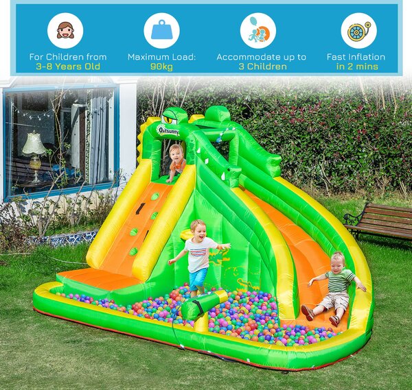 Outsunny Large Inflatable Bouncy Castle w/ Slide, Climbing Wall, Water Pool, Crocodile Design for Children 3-8 Years, 3.85 x 2.85 x 2.25m Aosom UK
