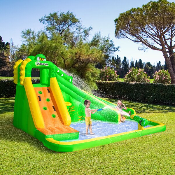 Outsunny Large Inflatable Bouncy Castle w/ Slide, Climbing Wall, Water Pool, Crocodile Design for Children 3-8 Years, 3.85 x 2.85 x 2.25m Aosom UK