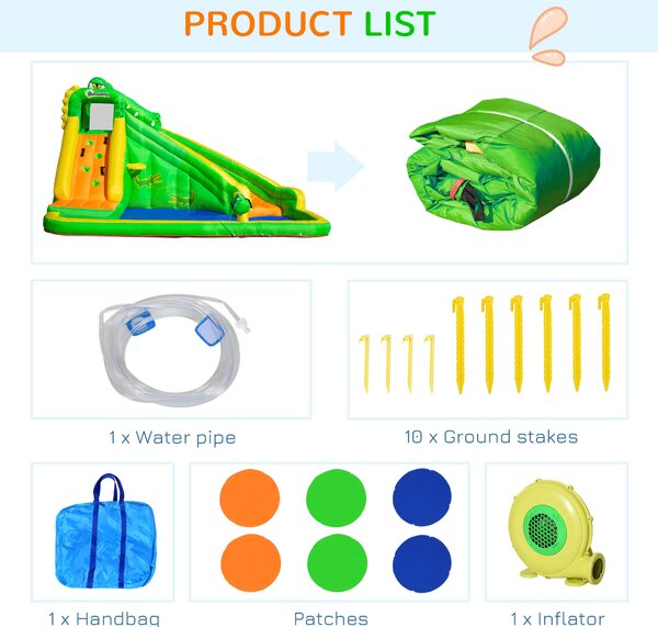Outsunny Large Inflatable Bouncy Castle w/ Slide, Climbing Wall, Water Pool, Crocodile Design for Children 3-8 Years, 3.85 x 2.85 x 2.25m Aosom UK