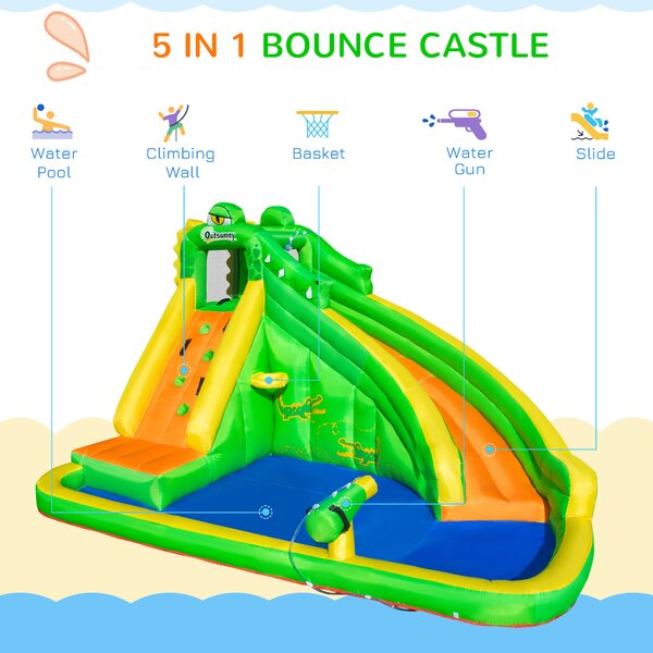 Outsunny Large Inflatable Bouncy Castle w/ Slide, Climbing Wall, Water Pool, Crocodile Design for Children 3-8 Years, 3.85 x 2.85 x 2.25m Aosom UK