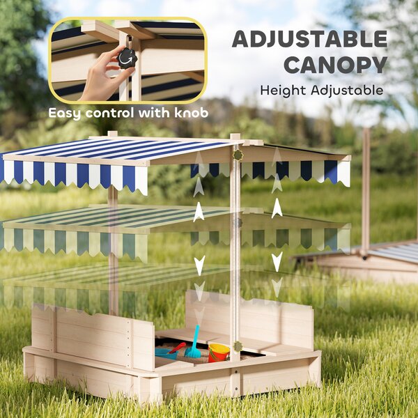 Outsunny Children Cabana Sandbox Kids Square Wooden Sandpit Outdoor Backyard Playset Play Station Adjustable Canopy, 106x106x121cm Aosom UK