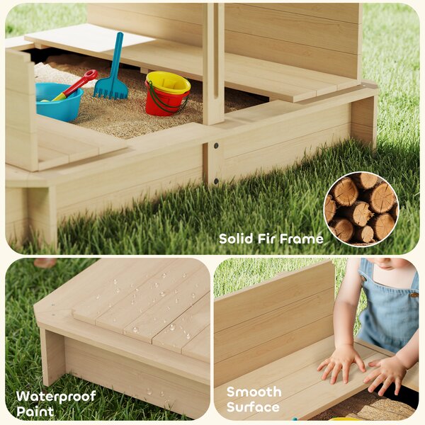 Outsunny Children Cabana Sandbox Kids Square Wooden Sandpit Outdoor Backyard Playset Play Station Adjustable Canopy, 106x106x121cm Aosom UK