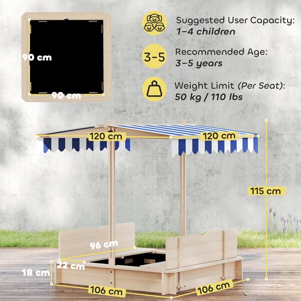 Outsunny Children Cabana Sandbox Kids Square Wooden Sandpit Outdoor Backyard Playset Play Station Adjustable Canopy, 106x106x121cm Aosom UK