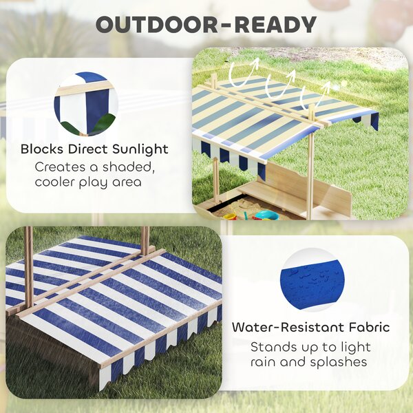 Outsunny Children Cabana Sandbox Kids Square Wooden Sandpit Outdoor Backyard Playset Play Station Adjustable Canopy, 106x106x121cm Aosom UK