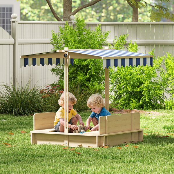 Outsunny Children Cabana Sandbox Kids Square Wooden Sandpit Outdoor Backyard Playset Play Station Adjustable Canopy, 106x106x121cm Aosom UK