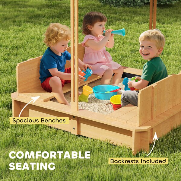 Outsunny Wooden Sandpit with Adjustable Canopy Light Brown