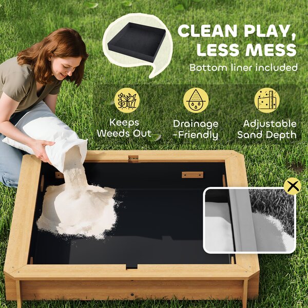 Outsunny Wooden Sandpit with Adjustable Canopy Light Brown