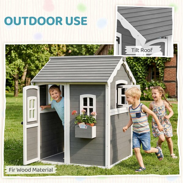 Outsunny Wooden Playhouse for Kids with Doors, Windows, Plant Box, Floors, for 3-8 Years Old, Garden, Lawn, Patio, Grey