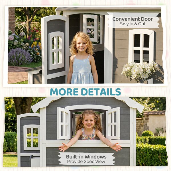 Outsunny Wooden Playhouse for Kids with Doors, Windows, Plant Box, Floors, for 3-8 Years Old, Garden, Lawn, Patio, Grey