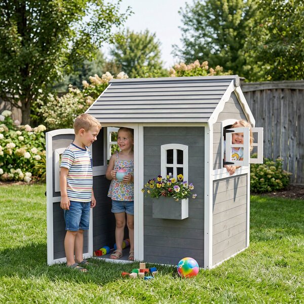 Outsunny Wooden Playhouse for Kids with Doors, Windows, Plant Box, Floors, for 3-8 Years Old, Garden, Lawn, Patio, Grey