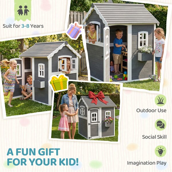 Outsunny Wooden Playhouse for Kids with Doors, Windows, Plant Box, Floors, for 3-8 Years Old, Garden, Lawn, Patio, Grey