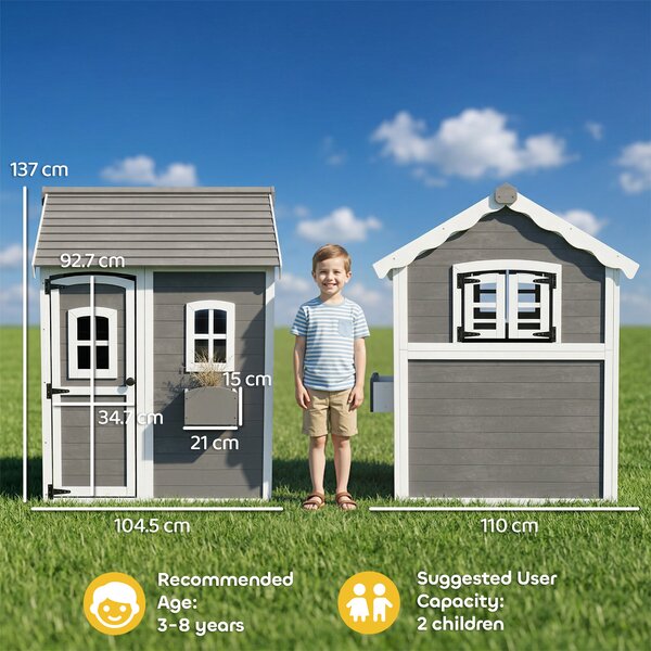 Outsunny Wooden Playhouse for Kids with Doors, Windows, Plant Box, Floors, for 3-8 Years Old, Garden, Lawn, Patio, Grey