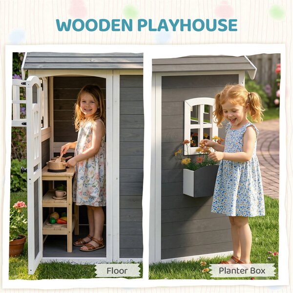 Outsunny Wooden Playhouse for Kids with Doors, Windows, Plant Box, Floors, for 3-8 Years Old, Garden, Lawn, Patio, Grey