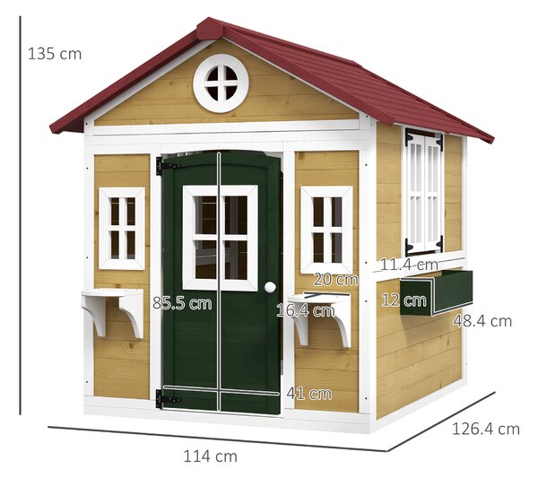 Outsunny Wooden Playhouse with Doors, Windows, Plant Pots, Boxes, for 3-8 Years - Beige