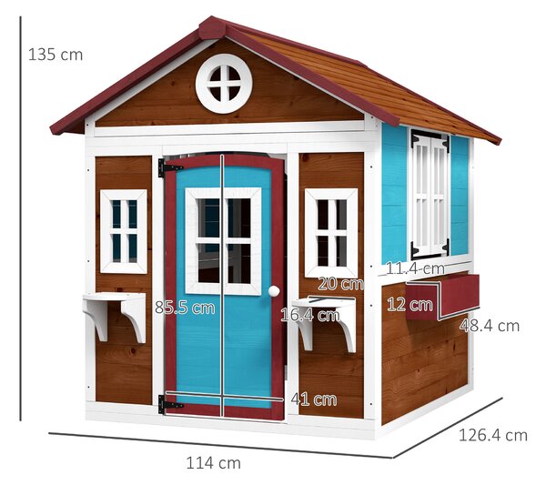 Outsunny Wooden Playhouse with Doors, Windows, Plant Pots, Boxes, for 3-8 Years - Dark Brown