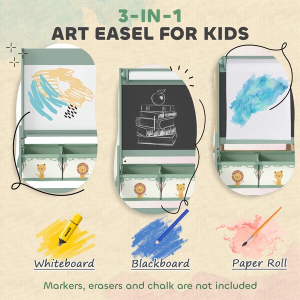AIYAPLAY Art Easel for Kids, Double-Sided Whiteboard/Blackboard with Paper Roll, Two Storage Boxes, for Ages 3-8 Years, Green