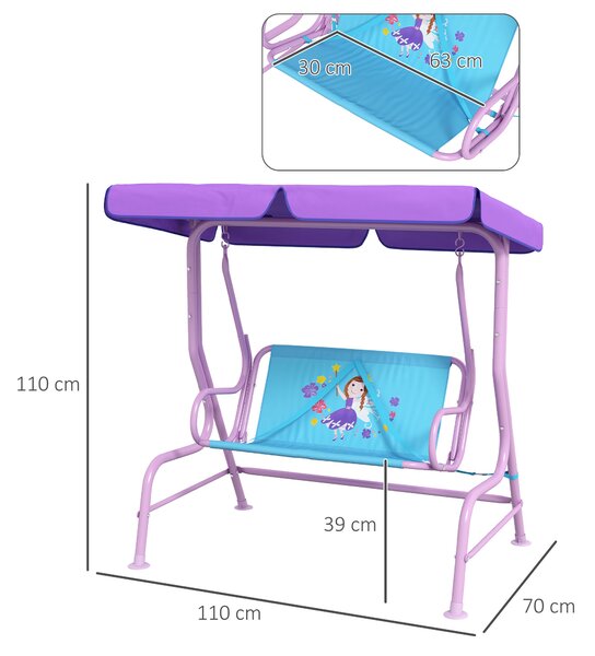 Outsunny 2 Seater Kids Garden Swing Fairy Themed Kids Swing Chair with Adjustable Canopy, Safety Belts for Park Porch Poolside