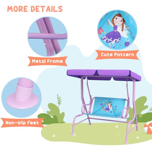 Outsunny 2 Seater Kids Garden Swing Fairy Themed Kids Swing Chair with Adjustable Canopy, Safety Belts for Park Porch Poolside