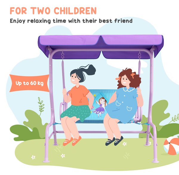 Outsunny 2 Seater Kids Garden Swing Fairy Themed Kids Swing Chair with Adjustable Canopy, Safety Belts for Park Porch Poolside