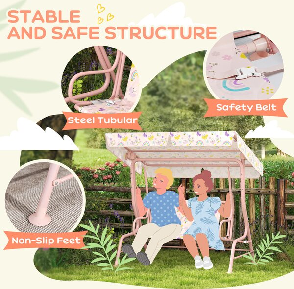 AIYAPLAY Kids Garden Swing Chair with Adjustable Canopy, Safety Belt, 2 Seater Hammock Swing Bench for Patio, Porch, Pink