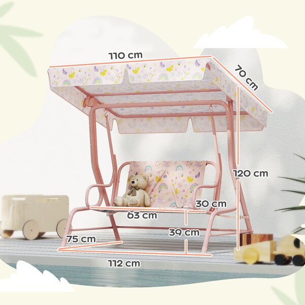 AIYAPLAY Kids Garden Swing Chair with Adjustable Canopy, Safety Belt, 2 Seater Hammock Swing Bench for Patio, Porch, Pink