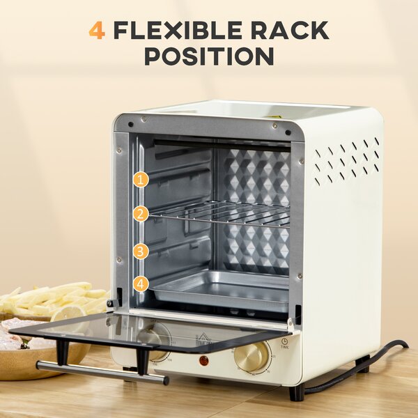HOMCOM Convection Mini Oven, 15L Electric Oven & Grill w/ Adjustable Temperature, Timer, Baking Tray, Wire Rack, Crumb Tray, 1000W, Cream Aosom UK