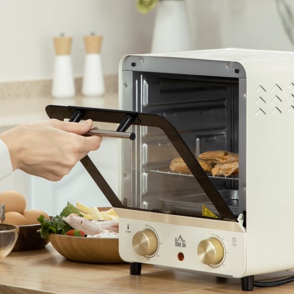 HOMCOM Convection Mini Oven, 15L Electric Oven & Grill w/ Adjustable Temperature, Timer, Baking Tray, Wire Rack, Crumb Tray, 1000W, Cream Aosom UK