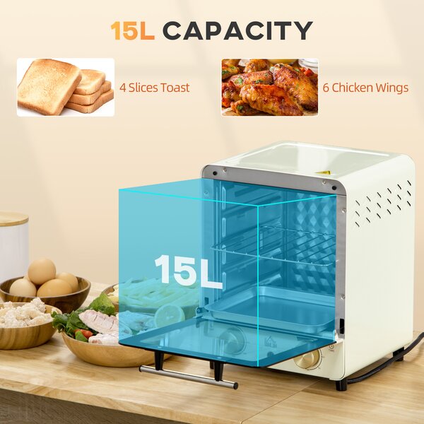 HOMCOM Convection Mini Oven, 15L Electric Oven & Grill w/ Adjustable Temperature, Timer, Baking Tray, Wire Rack, Crumb Tray, 1000W, Cream Aosom UK