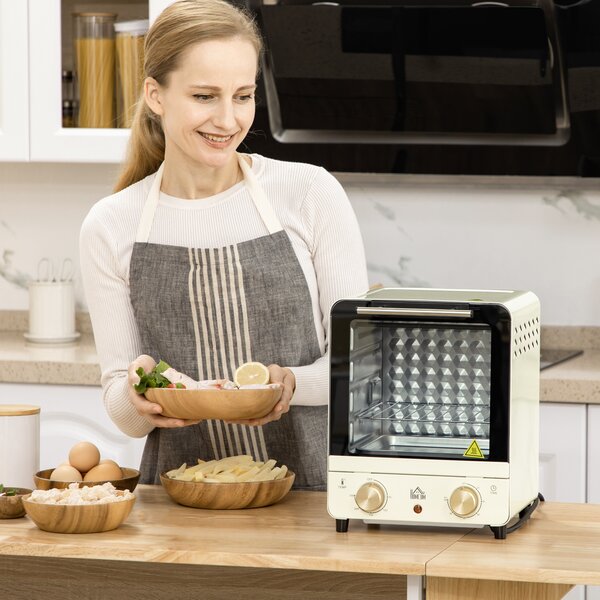 HOMCOM Convection Mini Oven, 15L Electric Oven & Grill w/ Adjustable Temperature, Timer, Baking Tray, Wire Rack, Crumb Tray, 1000W, Cream Aosom UK