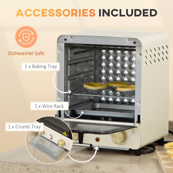 HOMCOM Convection Mini Oven, 15L Electric Oven & Grill w/ Adjustable Temperature, Timer, Baking Tray, Wire Rack, Crumb Tray, 1000W, Cream Aosom UK