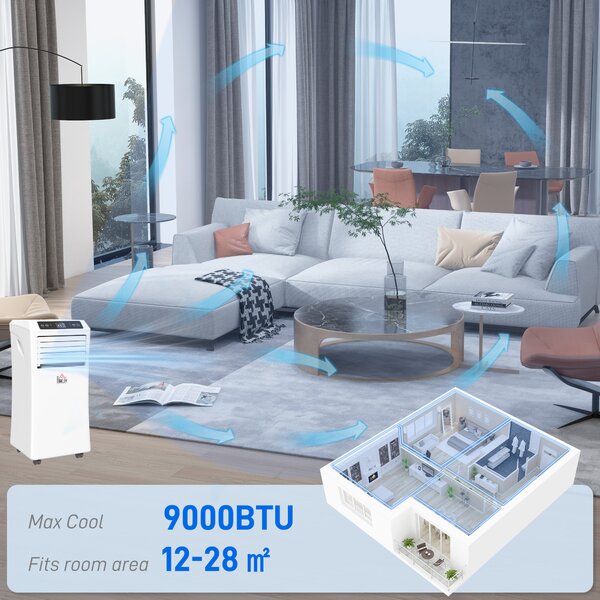 HOMCOM Mobile Air Conditioner with Remote Control, Timer, Cooling Dehumidifying Ventilating, LED Display White - 1003W Aosom UK