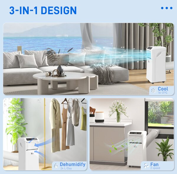 HOMCOM Mobile Air Conditioner with Remote Control, Timer, Cooling Dehumidifying Ventilating, LED Display White - 1003W Aosom UK