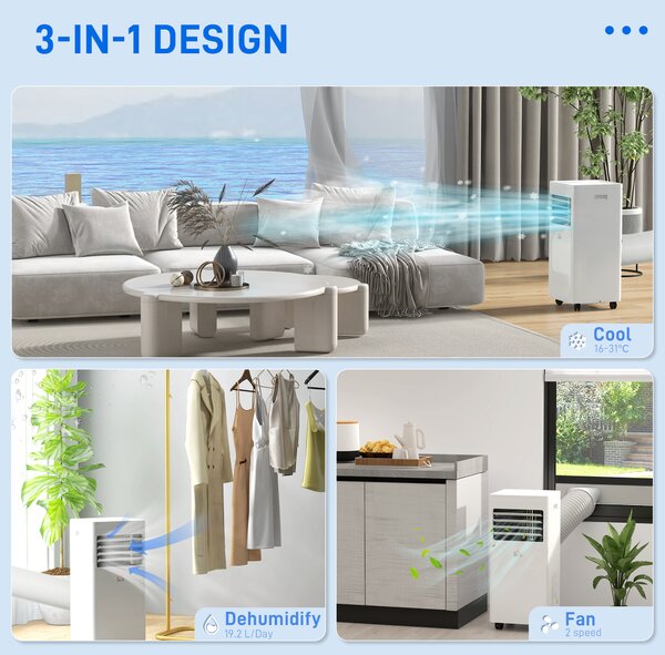 HOMCOM Portable Air Conditioner, 9000 BTU, Quiet, Energy Efficient, with Remote & Window Kit, White Aosom UK