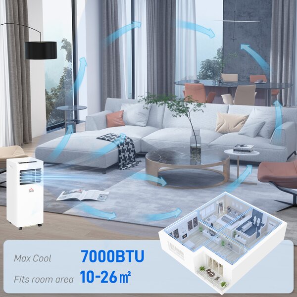 HOMCOM Portable Air Conditioner, 9000 BTU, Quiet, Energy Efficient, with Remote & Window Kit, White Aosom UK