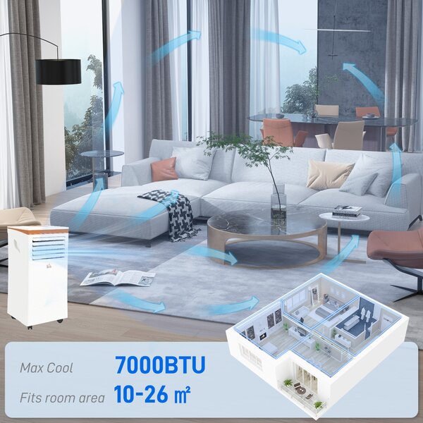 HOMCOM 7000 BTU 4-In-1 Compact Portable Mobile Air Conditioner Unit Cooling Dehumidifying Ventilating w/ Fan Remote LED Display Aosom UK