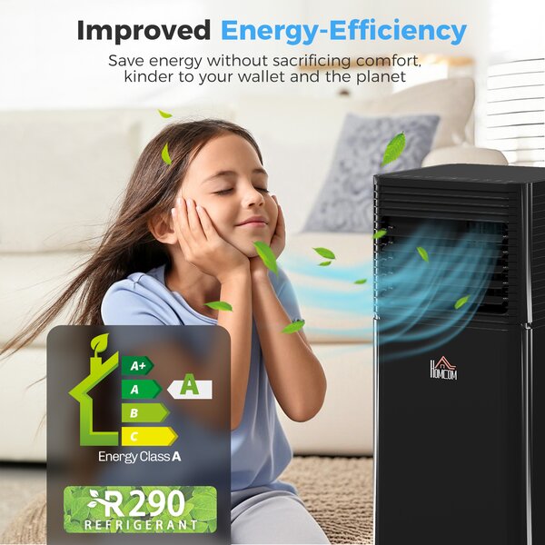 HOMCOM 9000 BTU 4-In-1 Compact Portable Mobile Air Conditioner Unit Cooling Dehumidifying Ventilating w/ Fan Remote LED 24h Timer, Black Aosom UK