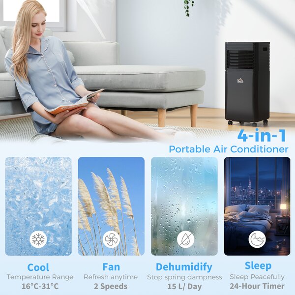 HOMCOM 9000 BTU 4-In-1 Compact Portable Mobile Air Conditioner Unit Cooling Dehumidifying Ventilating w/ Fan Remote LED 24h Timer, Black Aosom UK