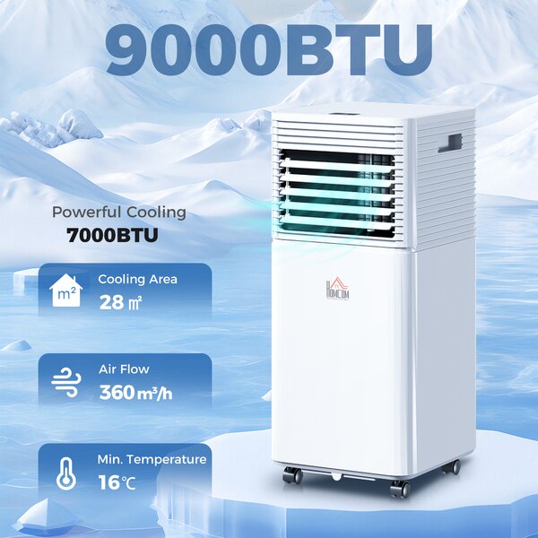 HOMCOM 9000 BTU 4-In-1 Compact Portable Mobile Air Conditioner Unit Cooling Dehumidifying Ventilating w/ Fan Remote LED 24Hr Timer Auto Shut-Down