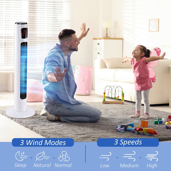 HOMCOM Freestanding 38'' Tower Fan with 3 Speeds, 3 Modes, 12h Timer, 70 Degree Oscillation, LED Panel, Remote Control, White Aosom UK