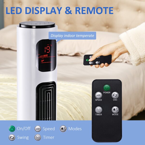HOMCOM Freestanding 38'' Tower Fan with 3 Speeds, 3 Modes, 12h Timer, 70 Degree Oscillation, LED Panel, Remote Control, White Aosom UK
