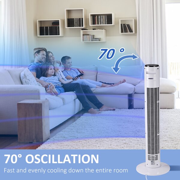 HOMCOM Freestanding 38'' Tower Fan with 3 Speeds, 3 Modes, 12h Timer, 70 Degree Oscillation, LED Panel, Remote Control, White Aosom UK