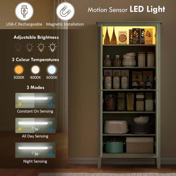 HOMCOM Tall Pantry Cupboard with Motion Sensor LED Light - Green